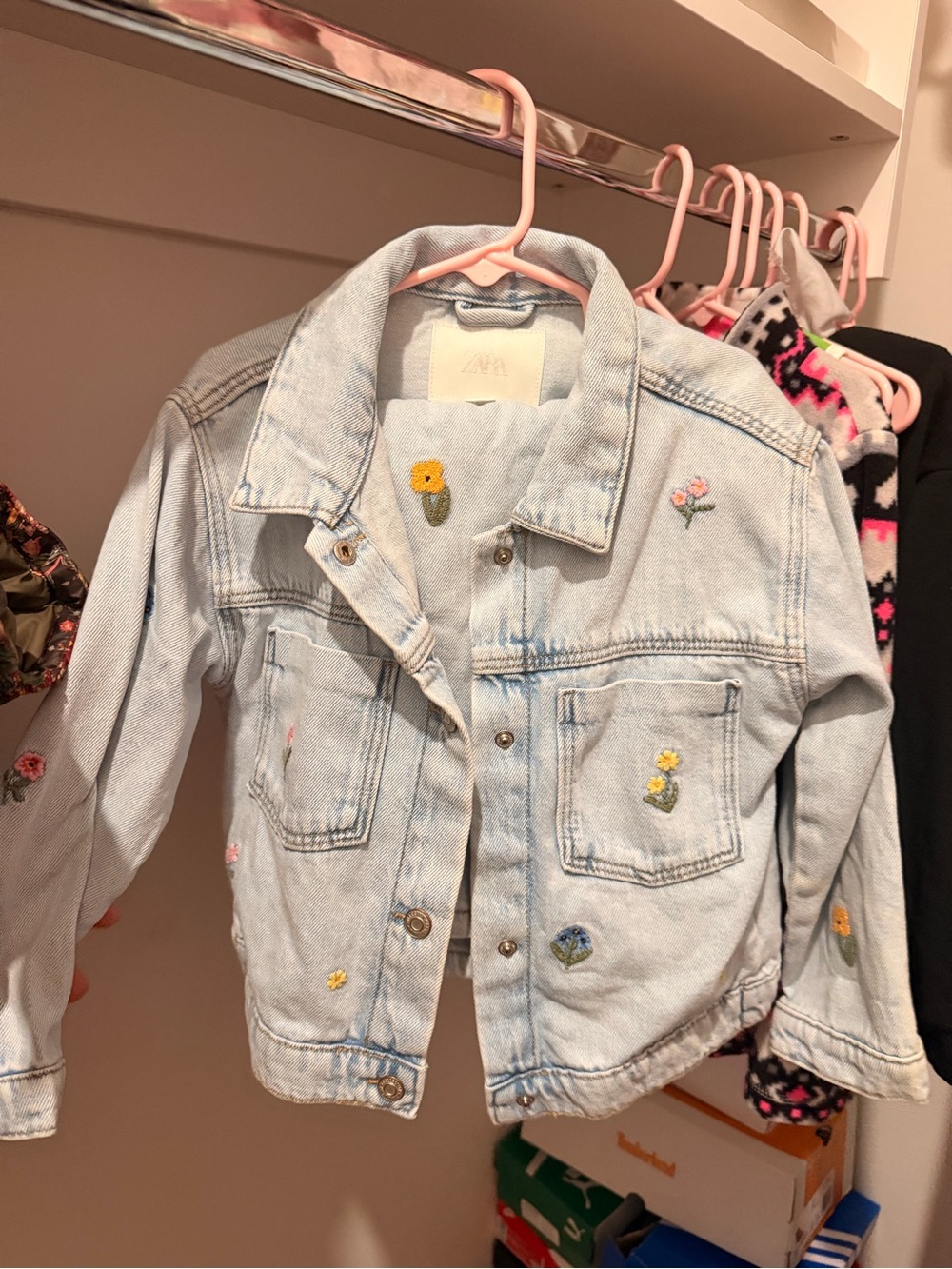 Zara Light Blue Denim Jacket with Embroidered Flowers